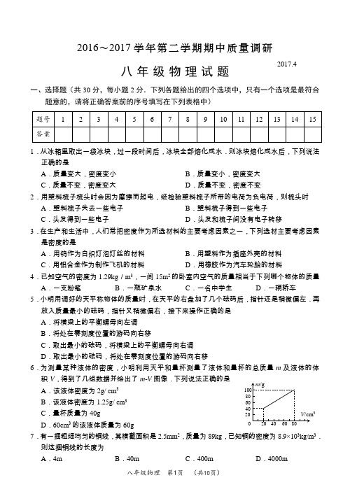 常州市2016～2017学年度第二学期期中质量调研八年级物理试卷及答案