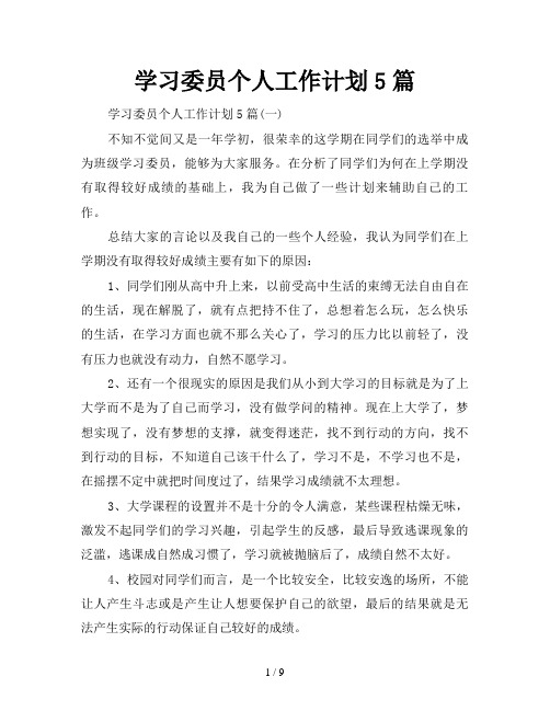 学习委员个人工作计划5篇