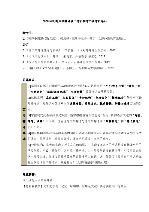 2020年河海大学翻译硕士考研参考书及考研笔记