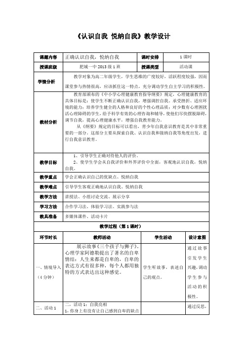 高中心理健康教育_认识自我 悦纳自我教学设计学情分析教材分析课后反思