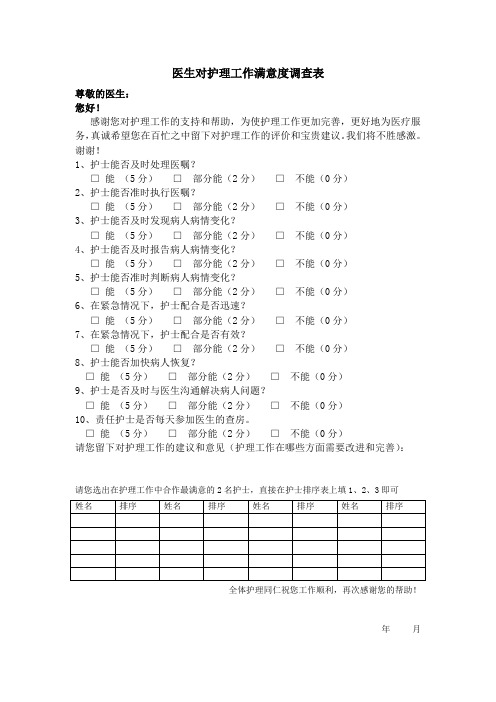 医生对护理工作满意度调查表