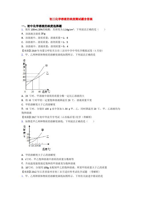 初三化学溶液的浓度测试题含答案