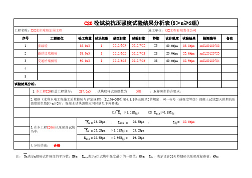 C20砼试块抗压强度试验结果分析表(5＞n≥2组)