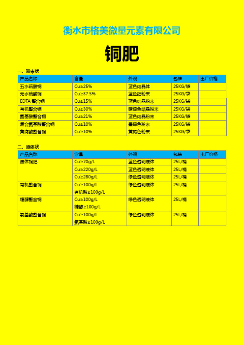 农用硫酸铜、EDTA螯合铜、氨基酸螯合铜、黄腐酸螯合铜、液体铜肥