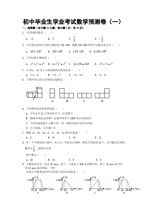 初中毕业生学业考试数学预测卷(一)及答案