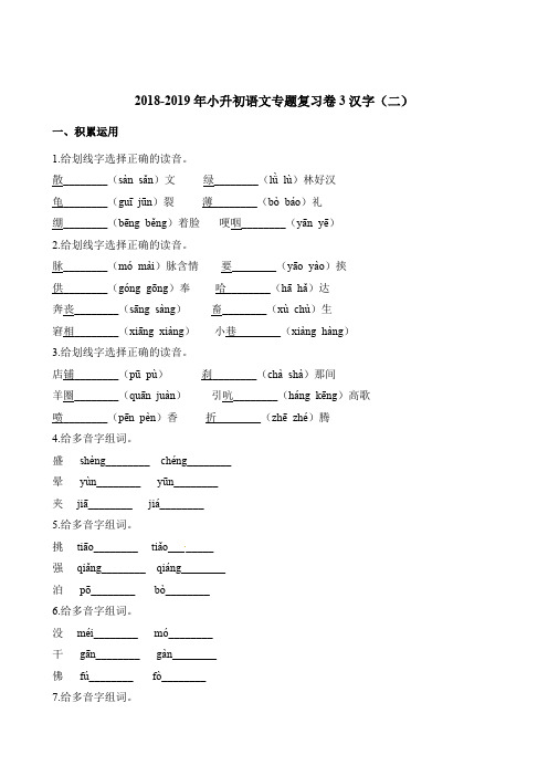 六年级下册语文试题-2018-2019年小升初语文专题复习卷3汉字(二) 人教新课标(含答案)