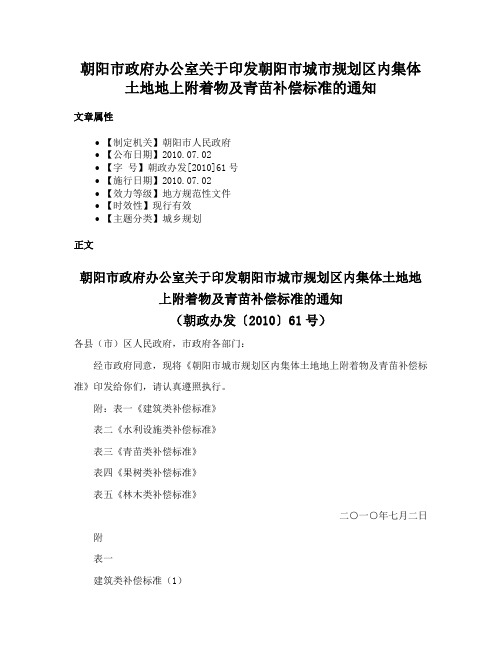 朝阳市政府办公室关于印发朝阳市城市规划区内集体土地地上附着物及青苗补偿标准的通知