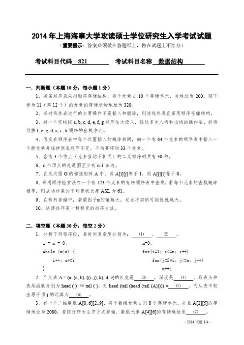 2014年上海海事大学攻读硕士学位研究生入学考试数据结构考研试题