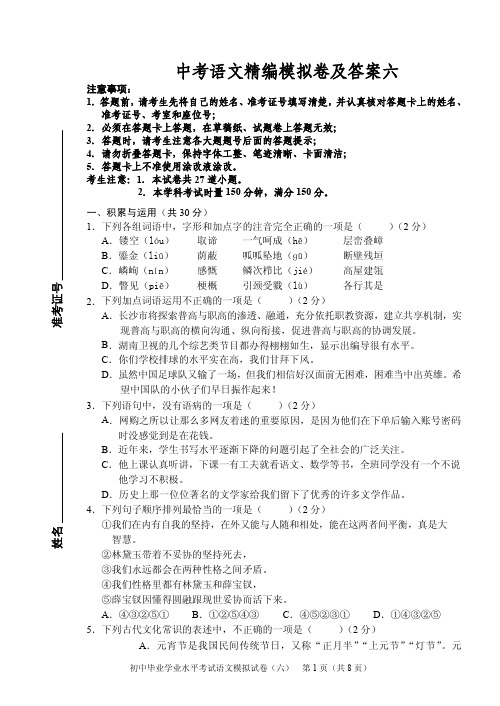 2020年中考语文精编模拟卷附答案六