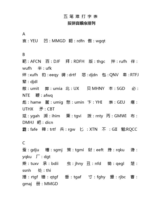 五笔难打字表(音序)