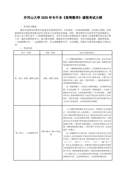 井冈山大学2020年普通专升本《工程管理》专业基础科目考试大纲