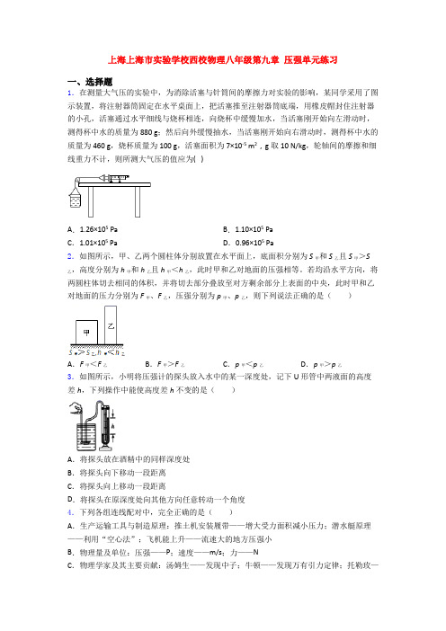 上海上海市实验学校西校物理八年级第九章 压强单元练习