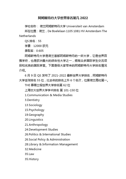 阿姆斯特丹大学世界排名第几2022