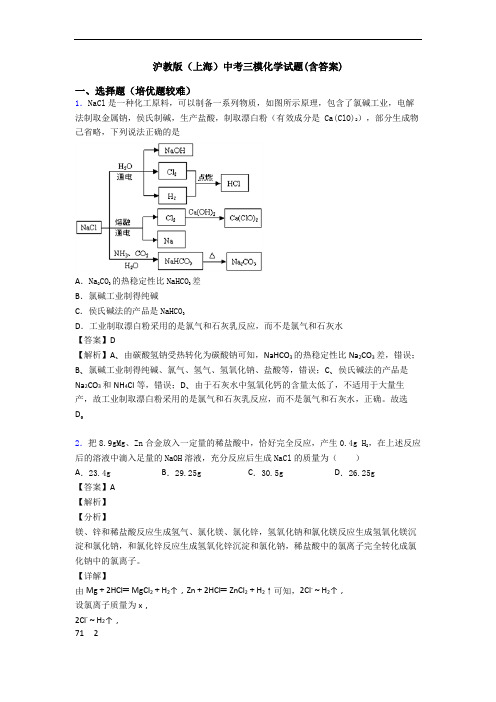 沪教版(上海)中考三模化学试题(含答案)