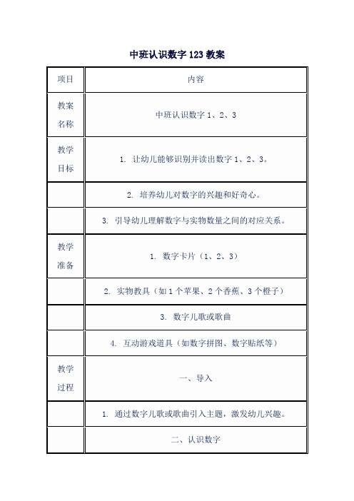 中班认识数字123教案