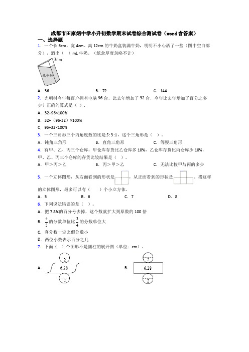 成都市田家炳中学小升初数学期末试卷综合测试卷(word含答案)