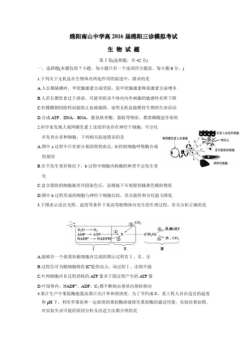 16届高三“绵阳三诊”热身考试生物试题(附答案)