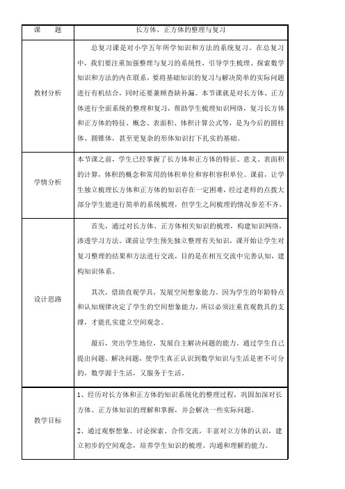 五年级下册数学教案-6.5 图形与几何(长方体、正方体的整理与复习) 沪教版