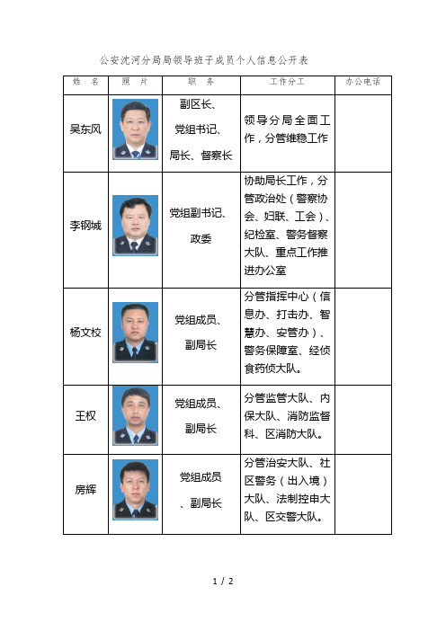 公安沈河分局局领导班子成员个人信息公开表