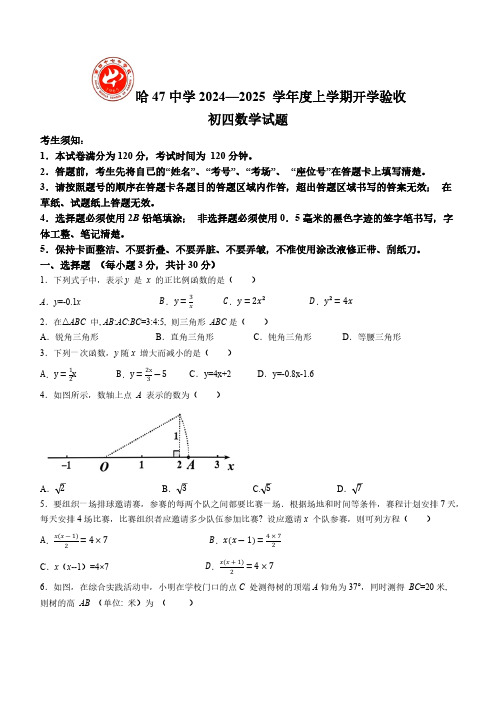 黑龙江哈尔滨市第四十七中学校2024-2025学年九年级上学期开学测试数学试题(只含选择、填空答案)