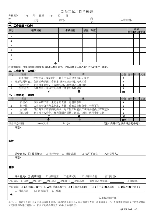 新员工试用期考核表