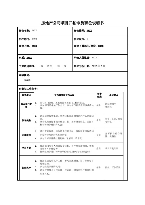 房地产公司项目开拓专员职位说明书