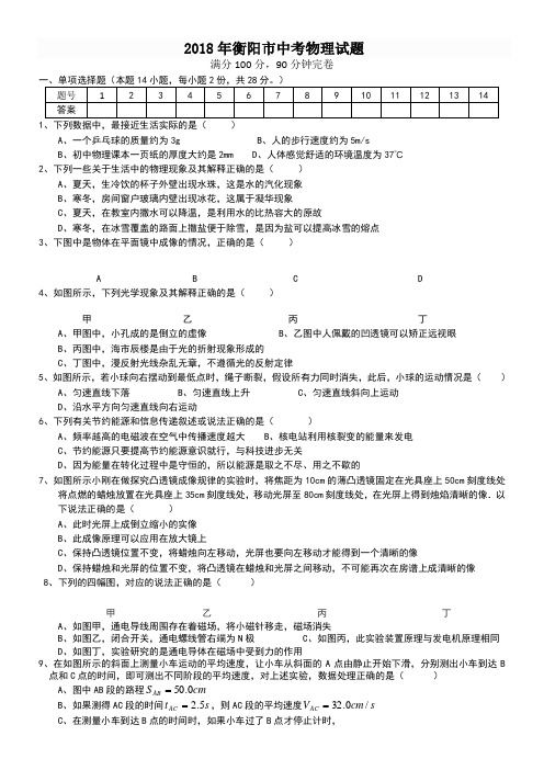 2018年衡阳市中考物理试题