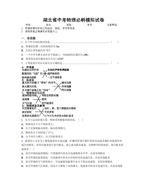 最新湖北省中考物理必刷模拟试卷附解析