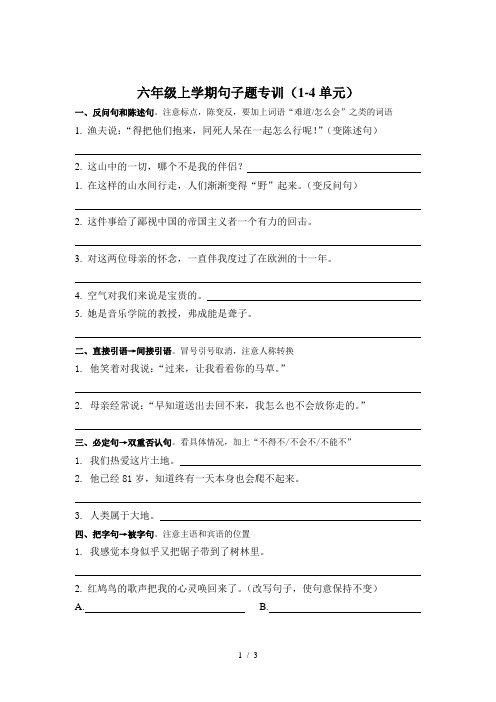 人教版六年级上册句子题专训单元