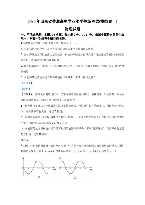 山东省2020年普通高中学业水平等级考试模拟卷(一)物理试题 Word版含解析