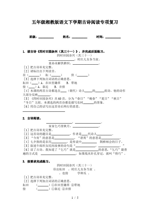 五年级湘教版语文下学期古诗阅读专项复习