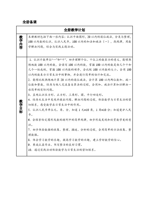 最新人教版一年级数学下册全册电子教案(表格式)