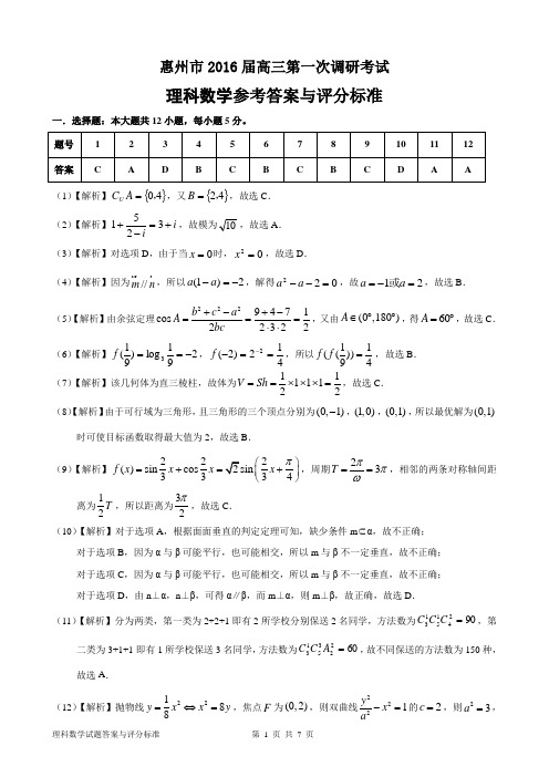 惠州市2016届高三第一次调研考试 理科数学 答案