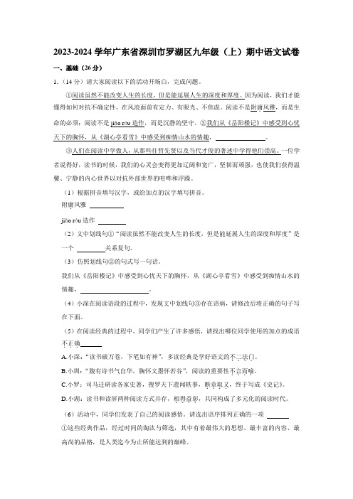 广东省深圳市罗湖区2023-2024学年九年级(上)期中语文试卷(含解析)