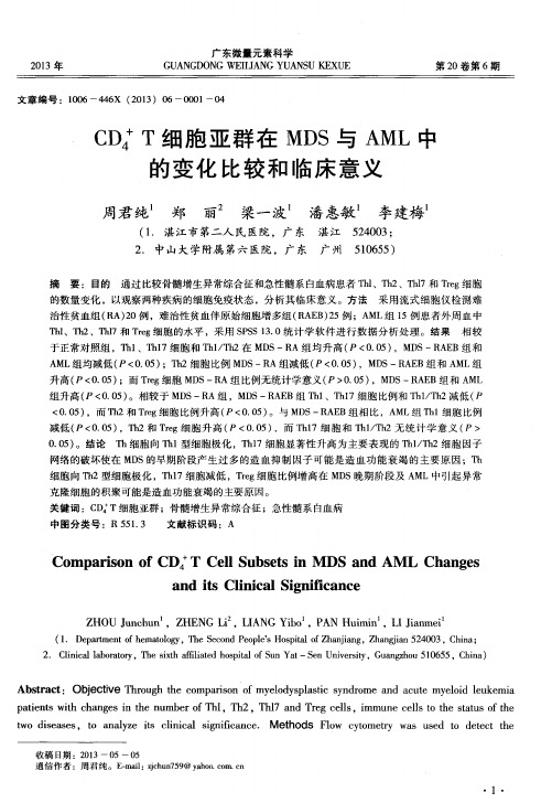 CD4^+T细胞亚群在MDS与AML中的变化比较和临床意义