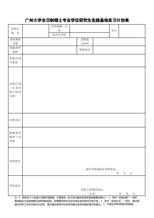 广州大学全日制硕士专业学位研究生实践基地实习计划表【模板】