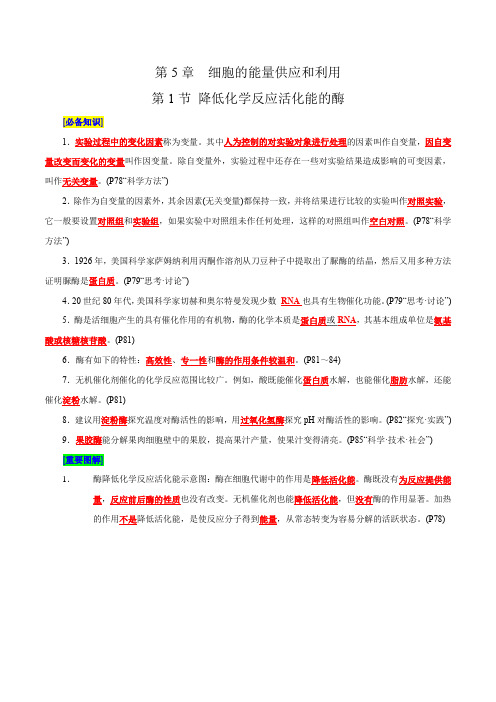 第5章细胞的能量供应和利用(背诵版)-备战2025年高考生物必背知识清单