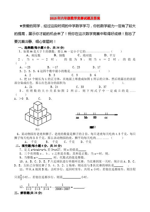 2019年六年级数学竞赛试题及答案