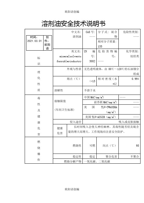 溶剂油安全技术说明介绍模板MSDS之欧阳语创编