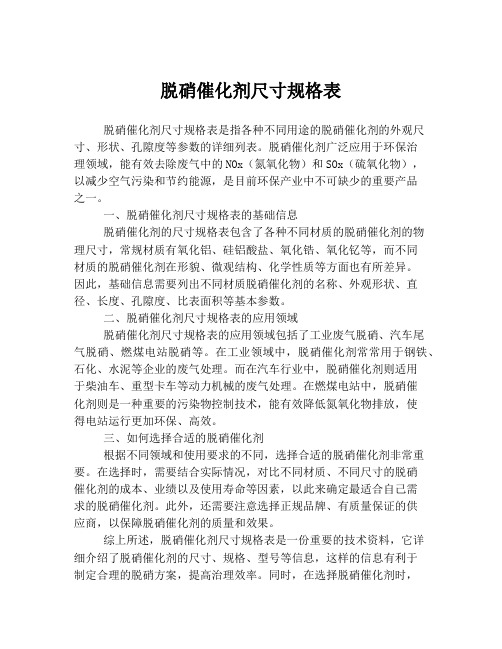 脱硝催化剂尺寸规格表