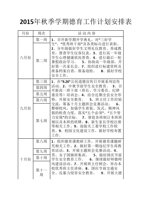 2015年秋季学期德育工作计划安排表