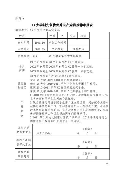 XX大学“优秀共产党员”申报表