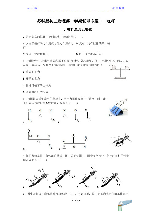 苏科版九年级物理第一学期复习专题练习——杠杆