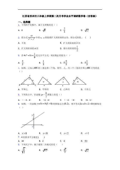 江苏省苏州市八年级上学期第二次月考学业水平调研数学卷(含答案)