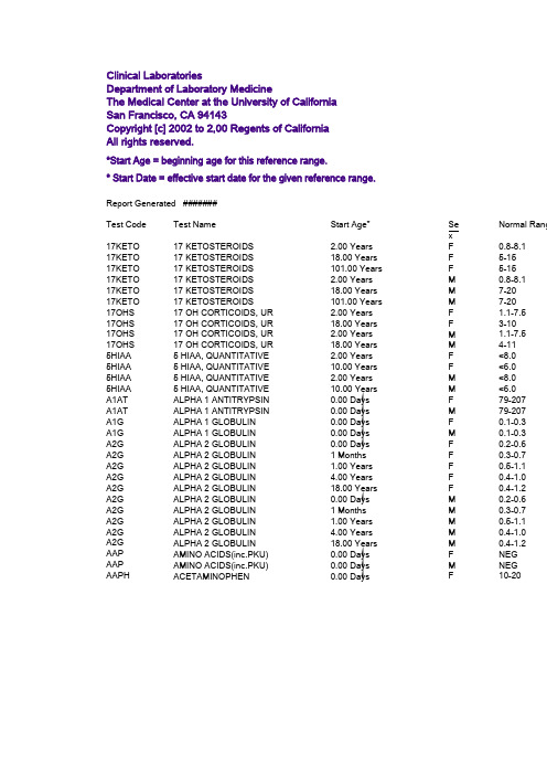 美国旧金山医学检验项目正常范围表