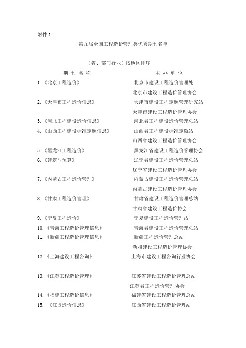 第九届全国工程造价管理类优秀期刊名单