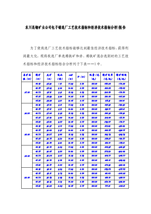 铁选厂工艺技术指标和经济技术指标分析报告