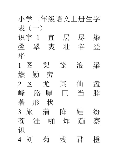 小学二年级语文上册生字表