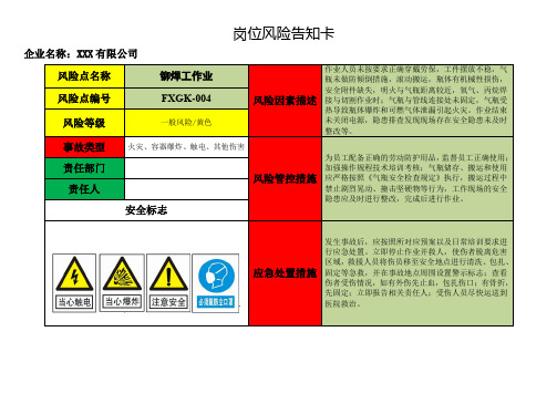 铆焊工作业岗位风险告知卡