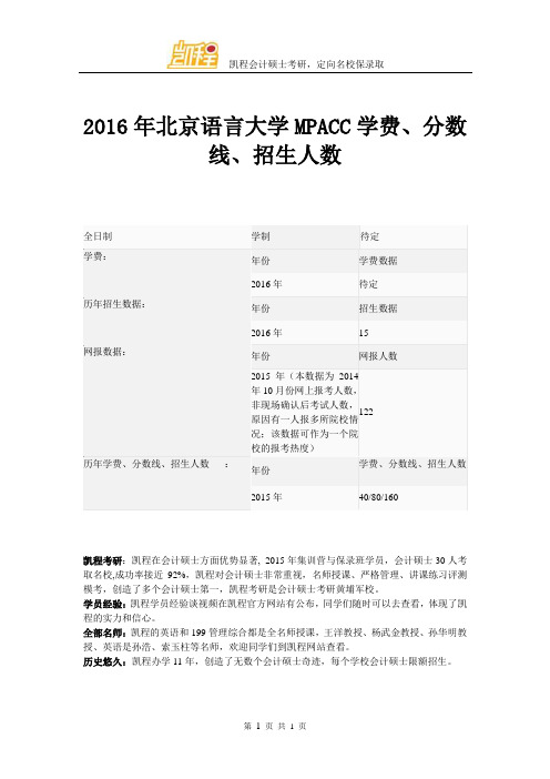2016年北京语言大学MPACC学费、分数线、招生人数